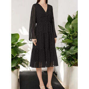 YAS Yasdorthe Flare Tiered Dress Women M Sheer Long Sleeve Lined Black Polka Dot